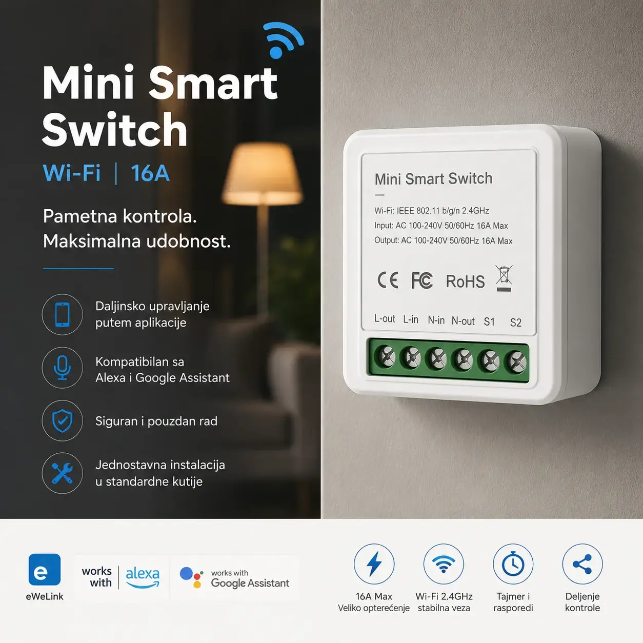 WiFi Smart prekidač 16A (mini) eWeLink, Alexa/Google, 2-wa - Slika 10