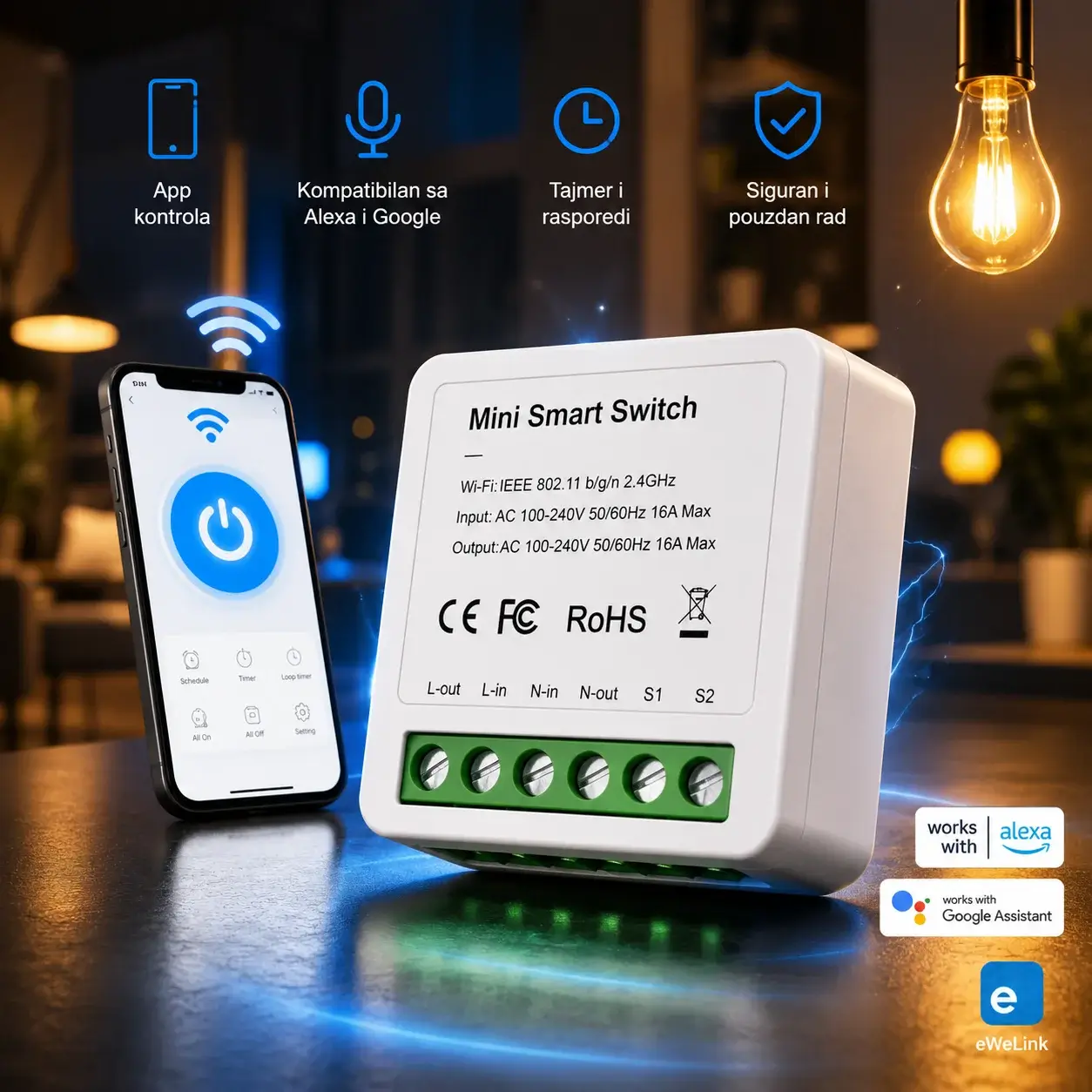 WiFi Smart prekidač 16A (mini) eWeLink, Alexa/Google, 2-wa