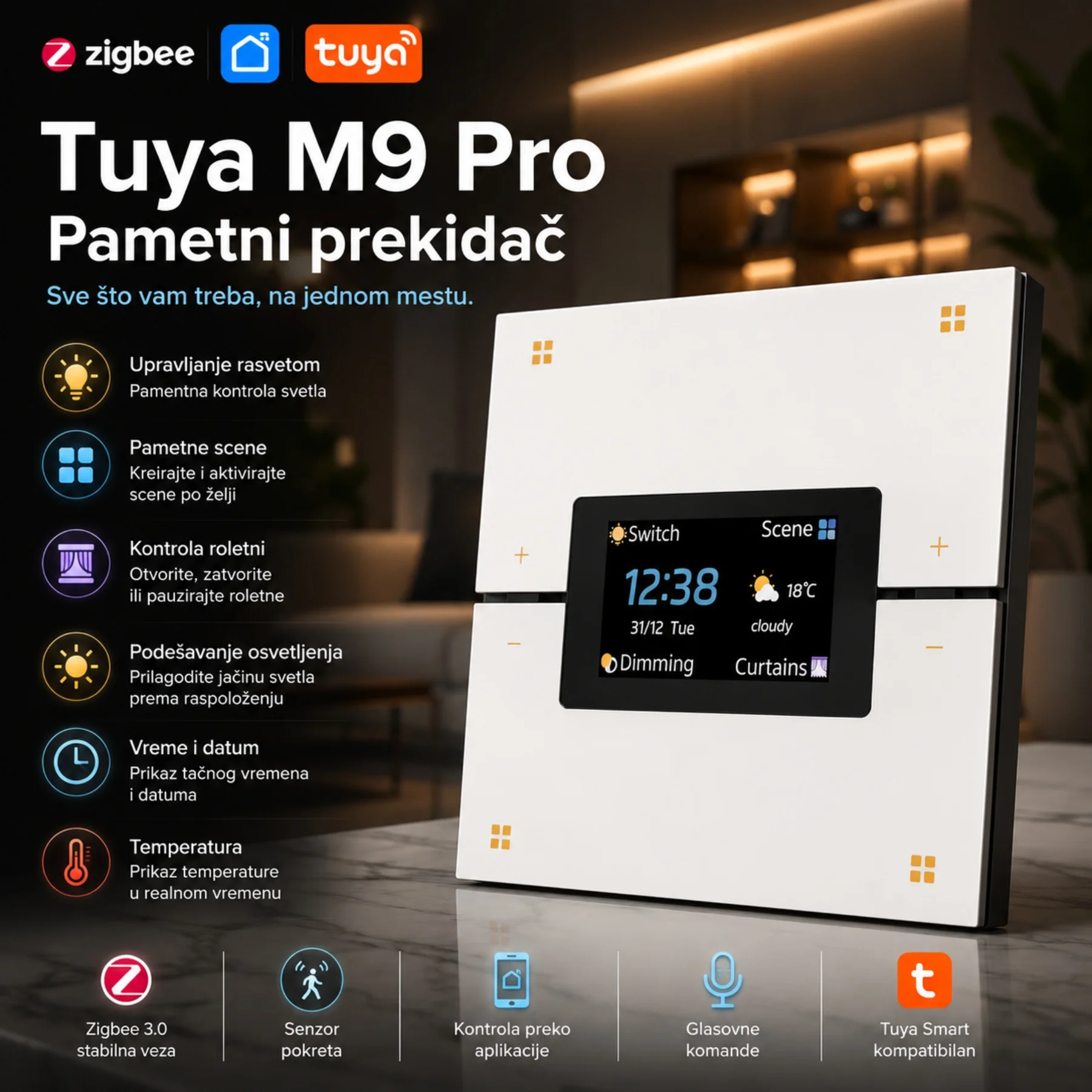 Tuya M9 Pro Zigbee Pametni Prekidač sa LCD Ekranom + Zigbee Gejtvej