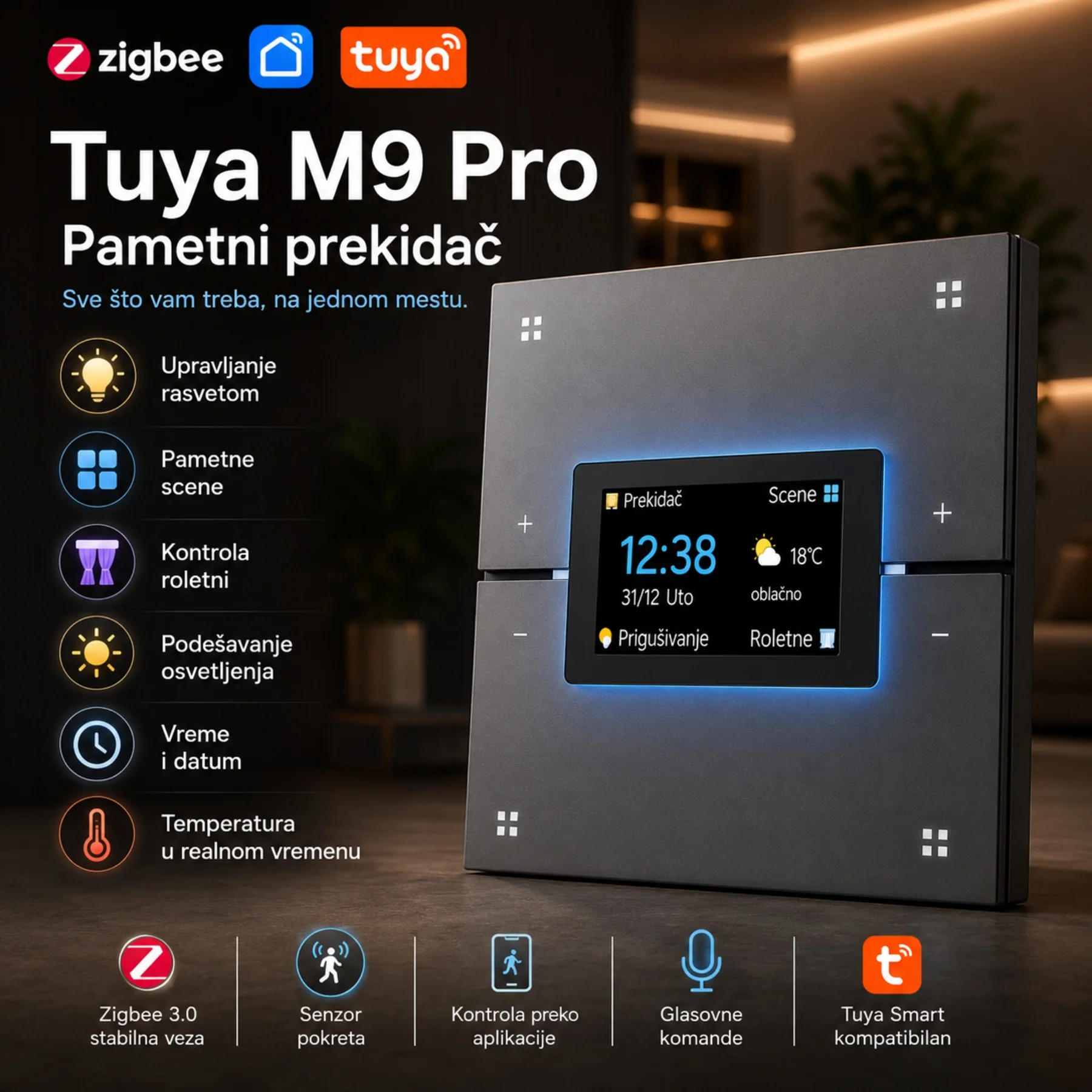 Tuya M9 Pro Zigbee Pametni Prekidač sa LCD Ekranom + Zigbee Gejtvej - Slika 11