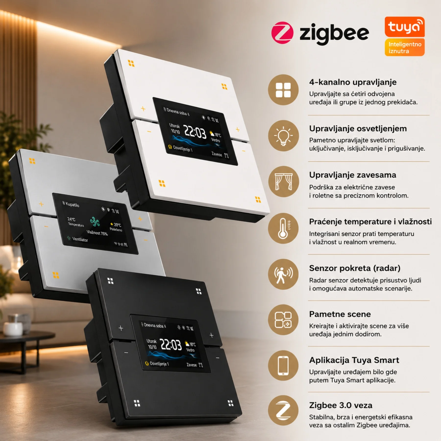 Tuya M9 Pro Zigbee Pametni Prekidač sa LCD Ekranom + Zigbee Gejtvej - Slika 3